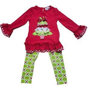 Rare Editions Girls 3T Christmas Tunic & Legging Set Red Ruffle Top Green Floral